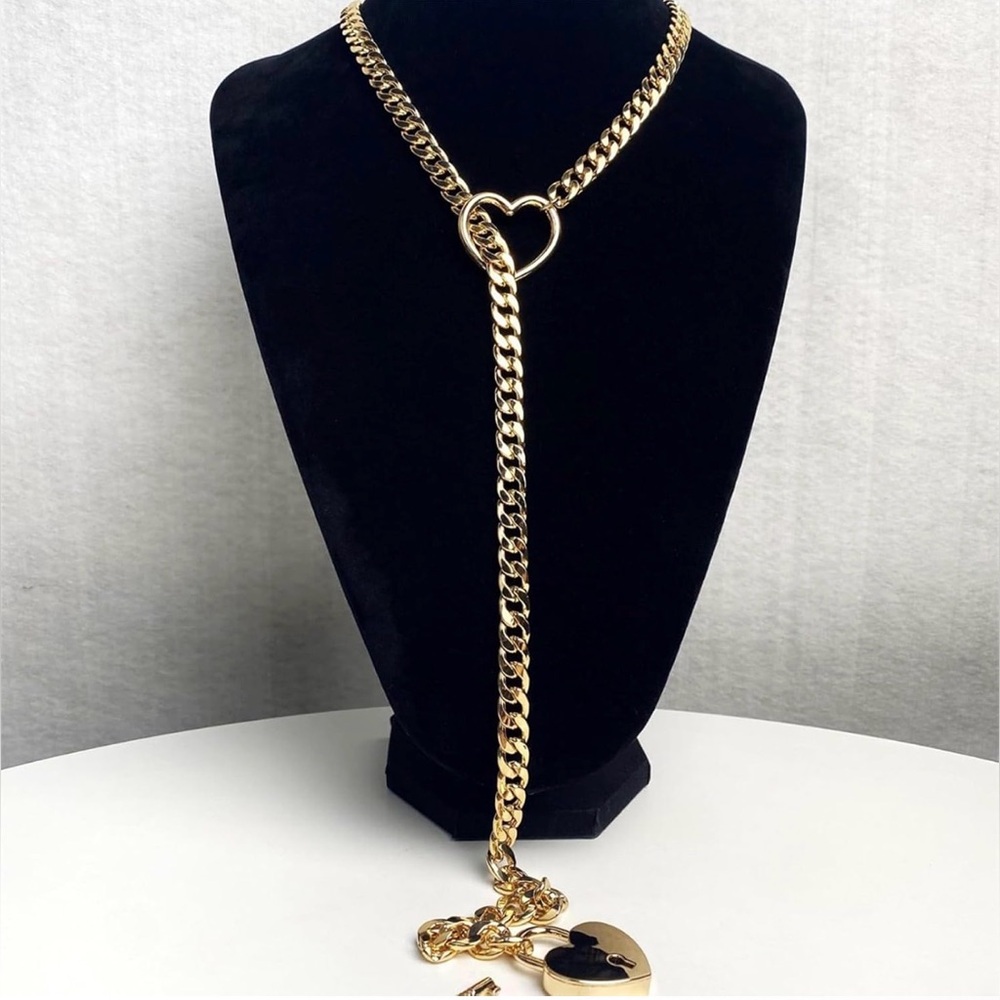 NEW! 90s/Y2K Heart Lock & Key Gold Stainless Steel Adjustable Toggle Necklace - Picture 6 of 7